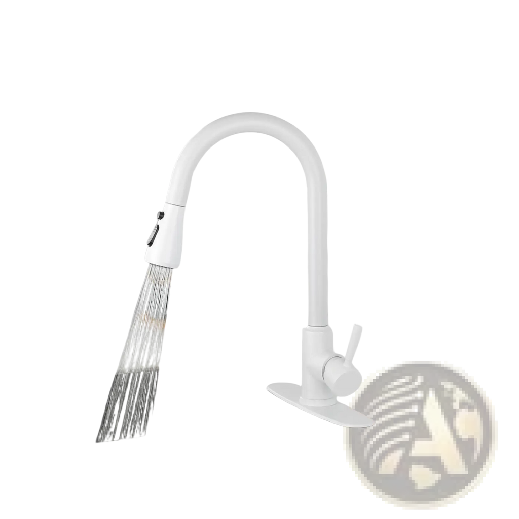 White matte kitchen faucet with curved spout and pull down spray head for versatile kitchen use