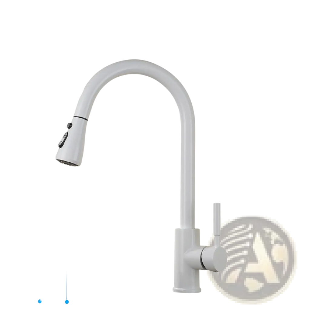 White matte kitchen faucet with curved spout and pull down spray head in a matte finish for kitchen use