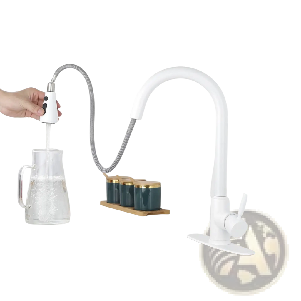 White matte kitchen faucet with flexible metallic hose and pull down sprayer for versatile kitchen use