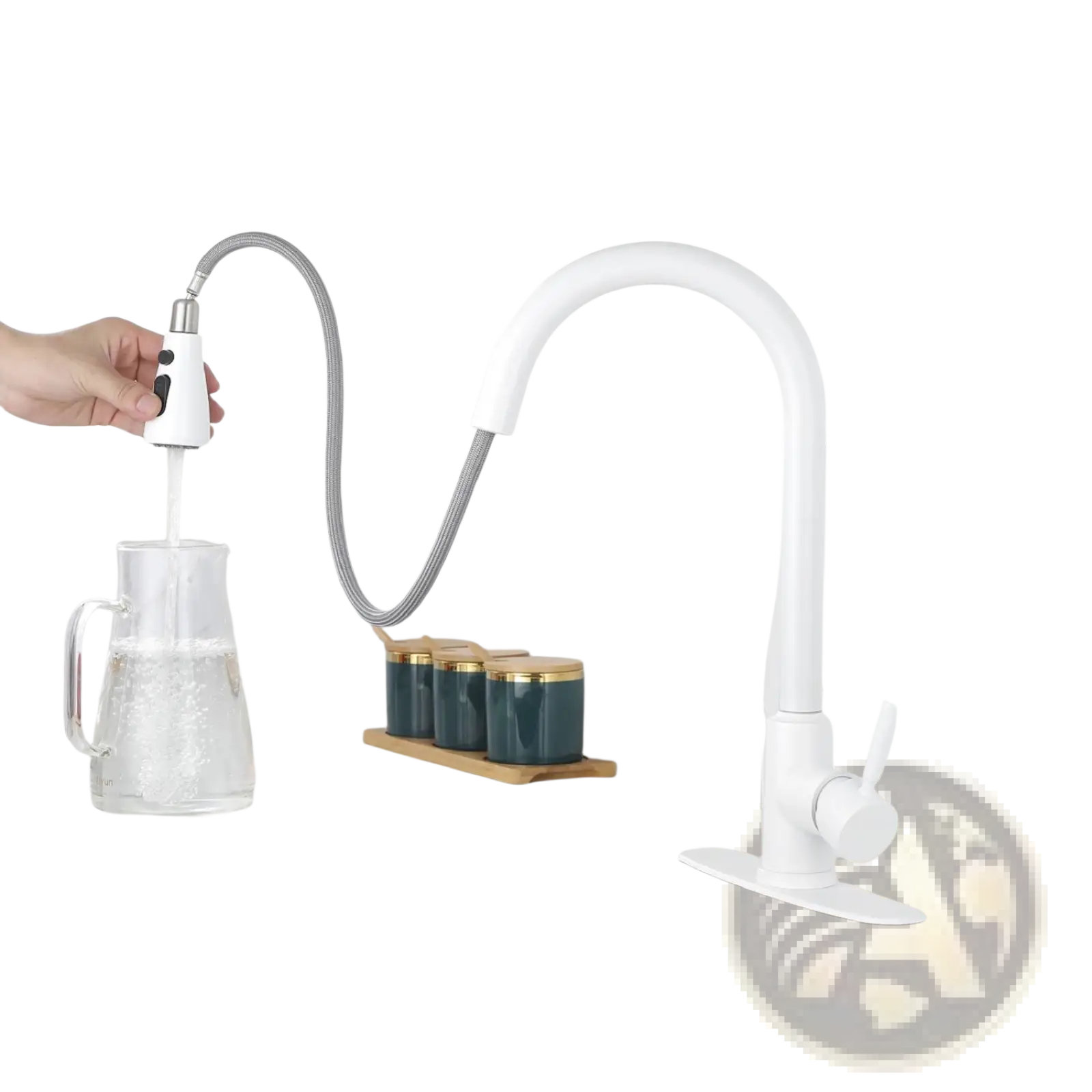 White matte kitchen faucet with flexible metallic hose and pull down sprayer for versatile kitchen use