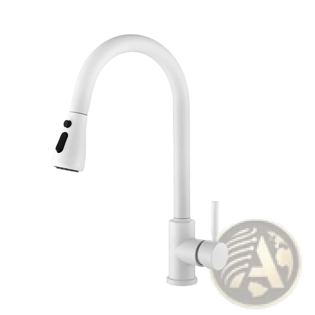 White matte kitchen faucet with pull down sprayer featuring a sleek curved spout and black control buttons on the head