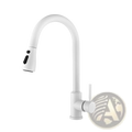 White matte kitchen faucet with pull down sprayer featuring a sleek curved spout and black control buttons on the head