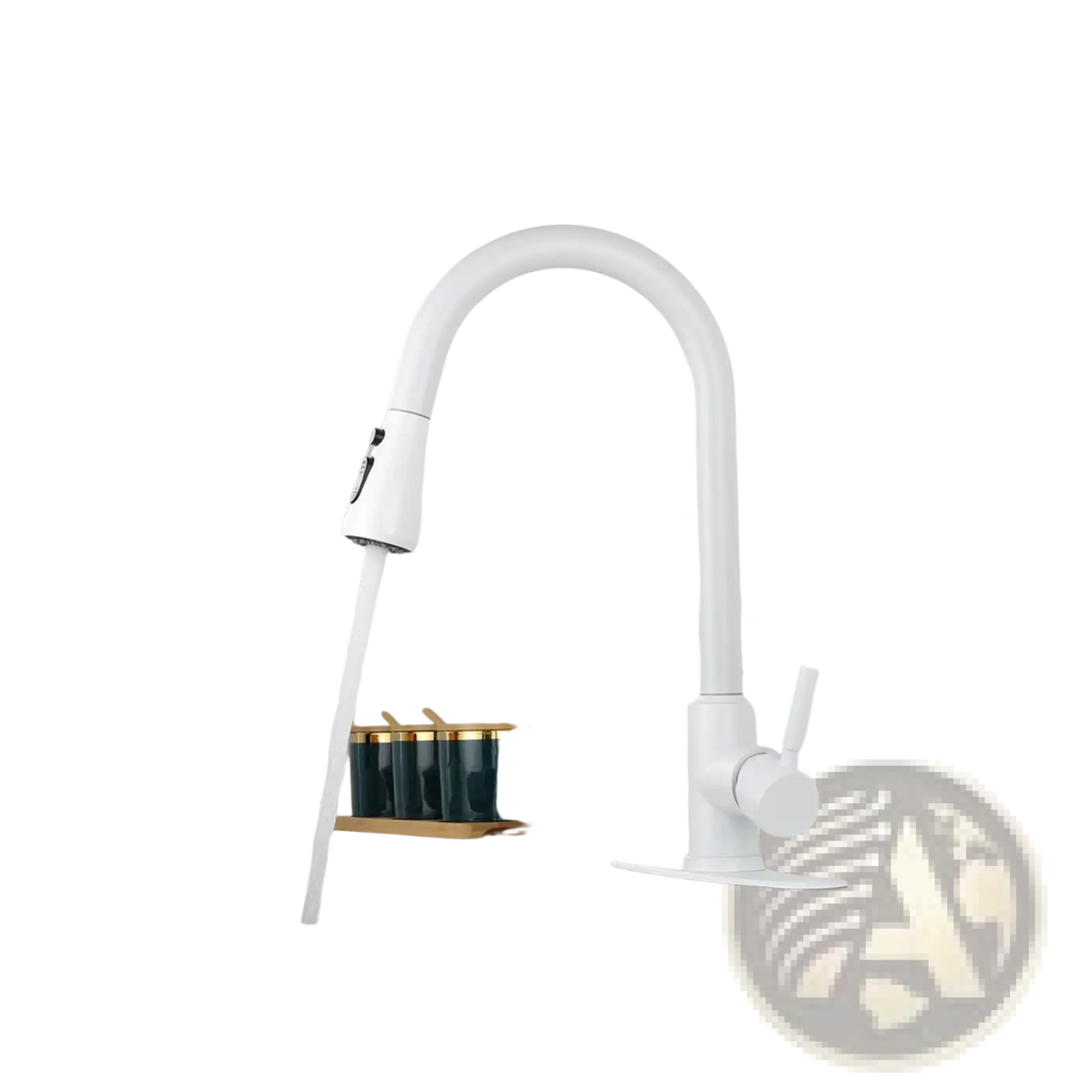 White matte kitchen faucet with pull down sprayer featuring a sleek curved spout in a modern design