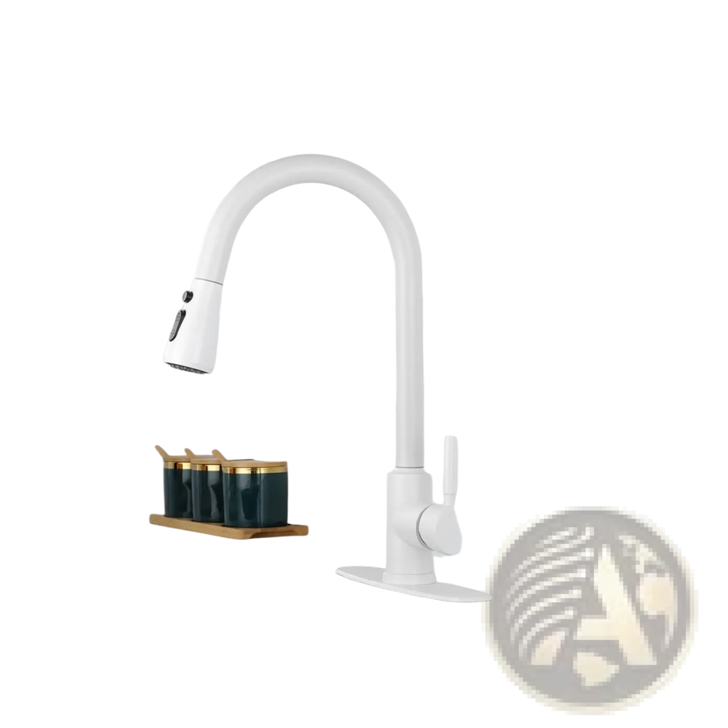 White matte kitchen faucet with sleek curved spout and pull-down spray head for modern kitchen use