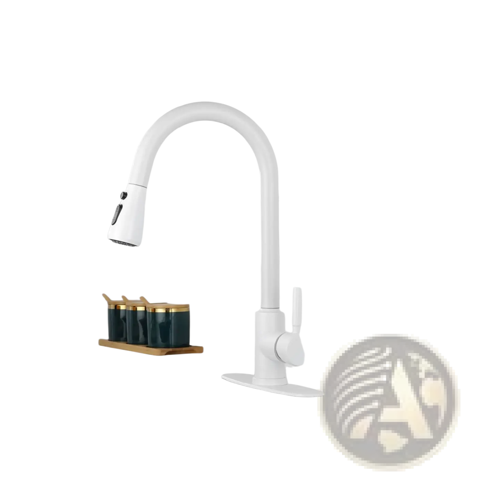 White matte kitchen faucet with sleek curved spout and pull-down spray head for modern kitchen use