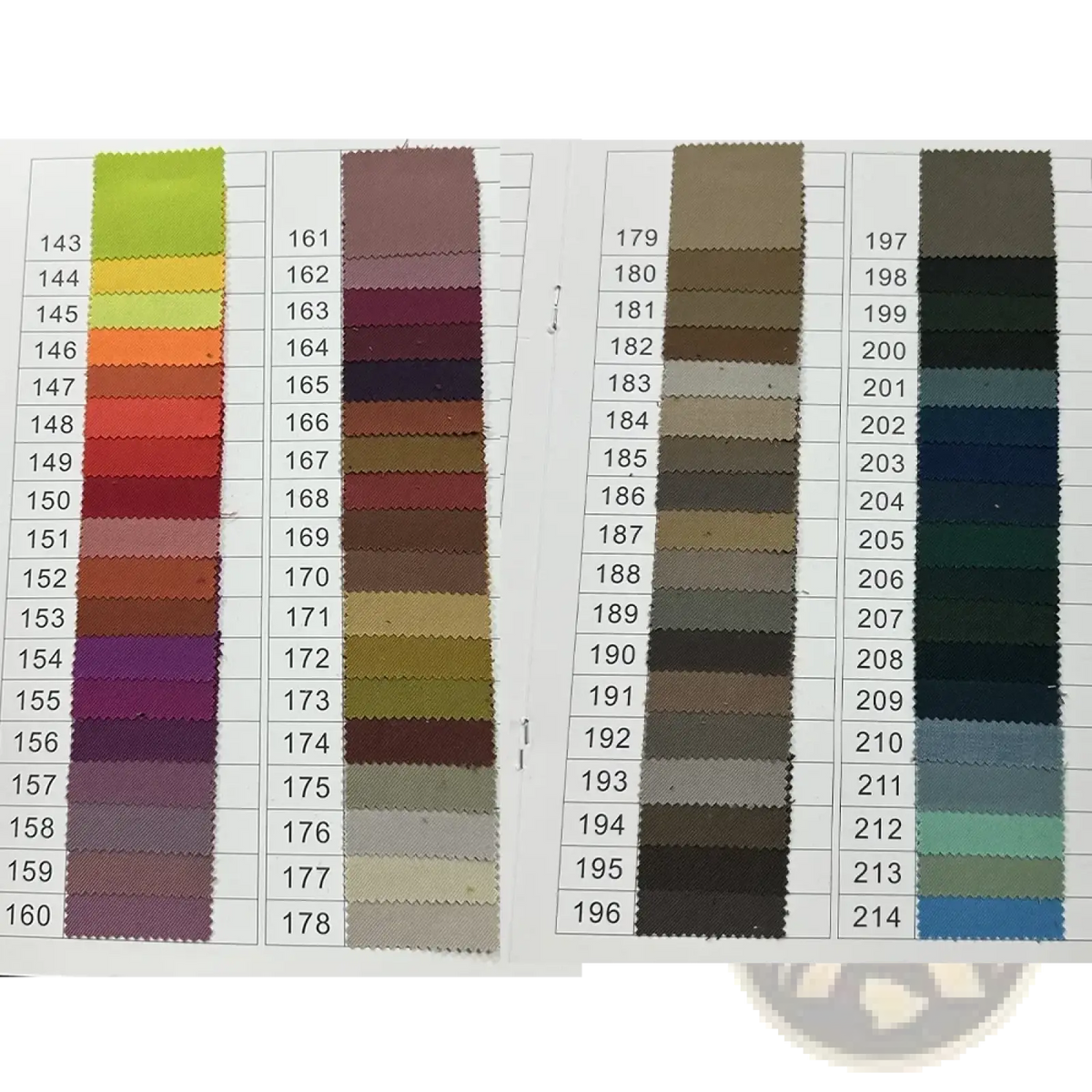 A fabric color swatch chart with multiple hues for a white men suit peak lapel blazer flared trousers set