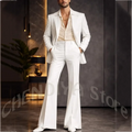 White men suit peak lapel blazer with flared trousers set featuring clean lines and a modern tailored cut