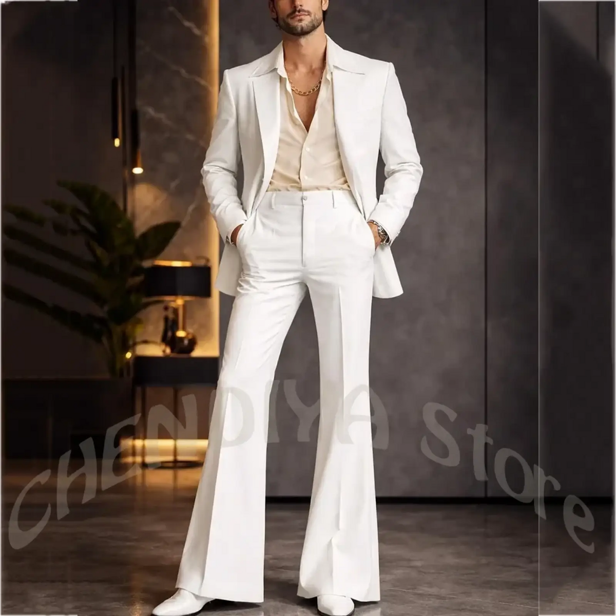 White men suit peak lapel blazer with flared trousers set featuring clean lines and a modern tailored cut