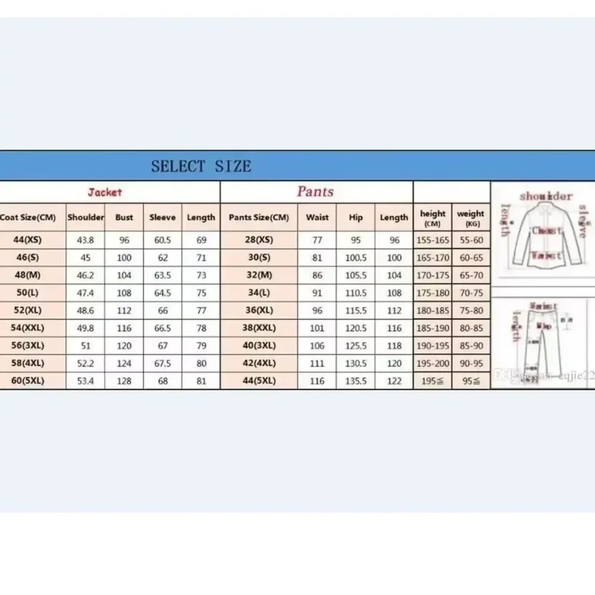 Size selection chart for white men suit peak lapel blazer flared trousers set showing measurements in cm and kg with fit diagrams