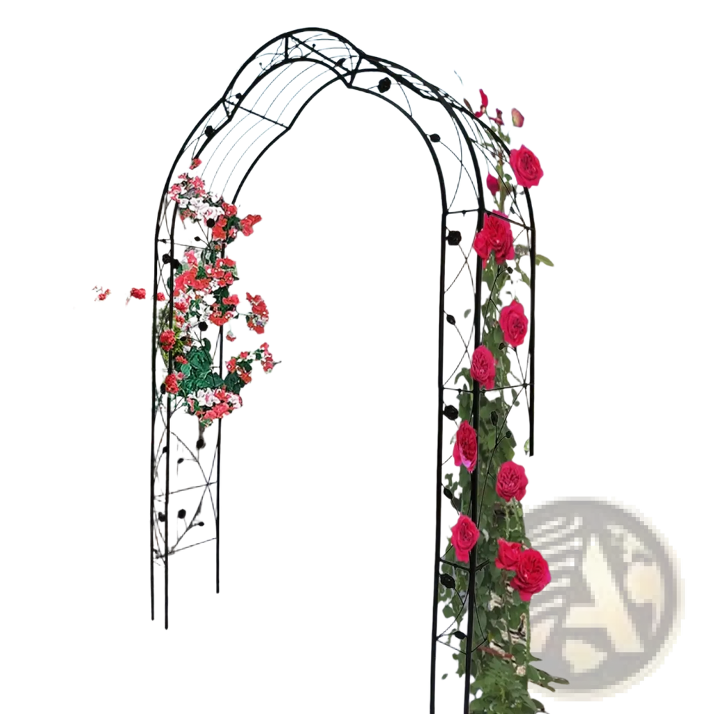 Black wrought iron garden arch adorned with climbing roses for supporting plants and enhancing garden decor