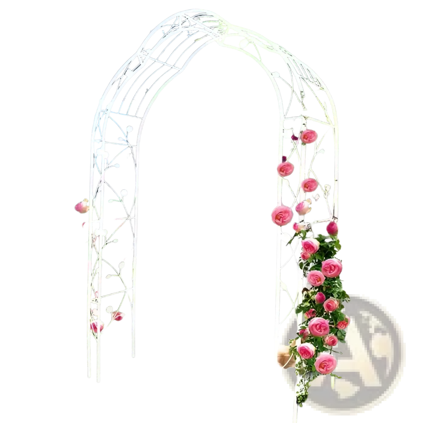 White metal garden arch for climbing roses and plants adorned with pink roses and decorative white spheres