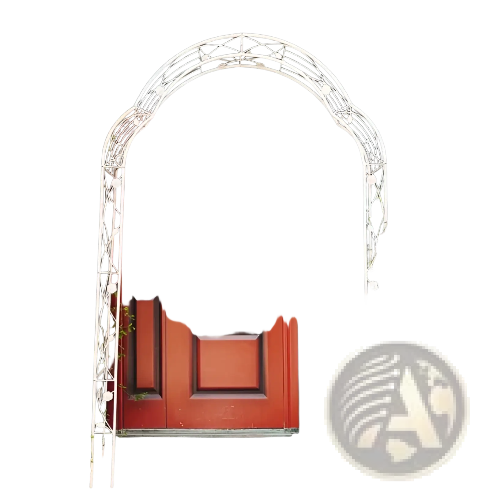 White metal garden arch trellis with decorative floral patterns for climbing roses and plants use