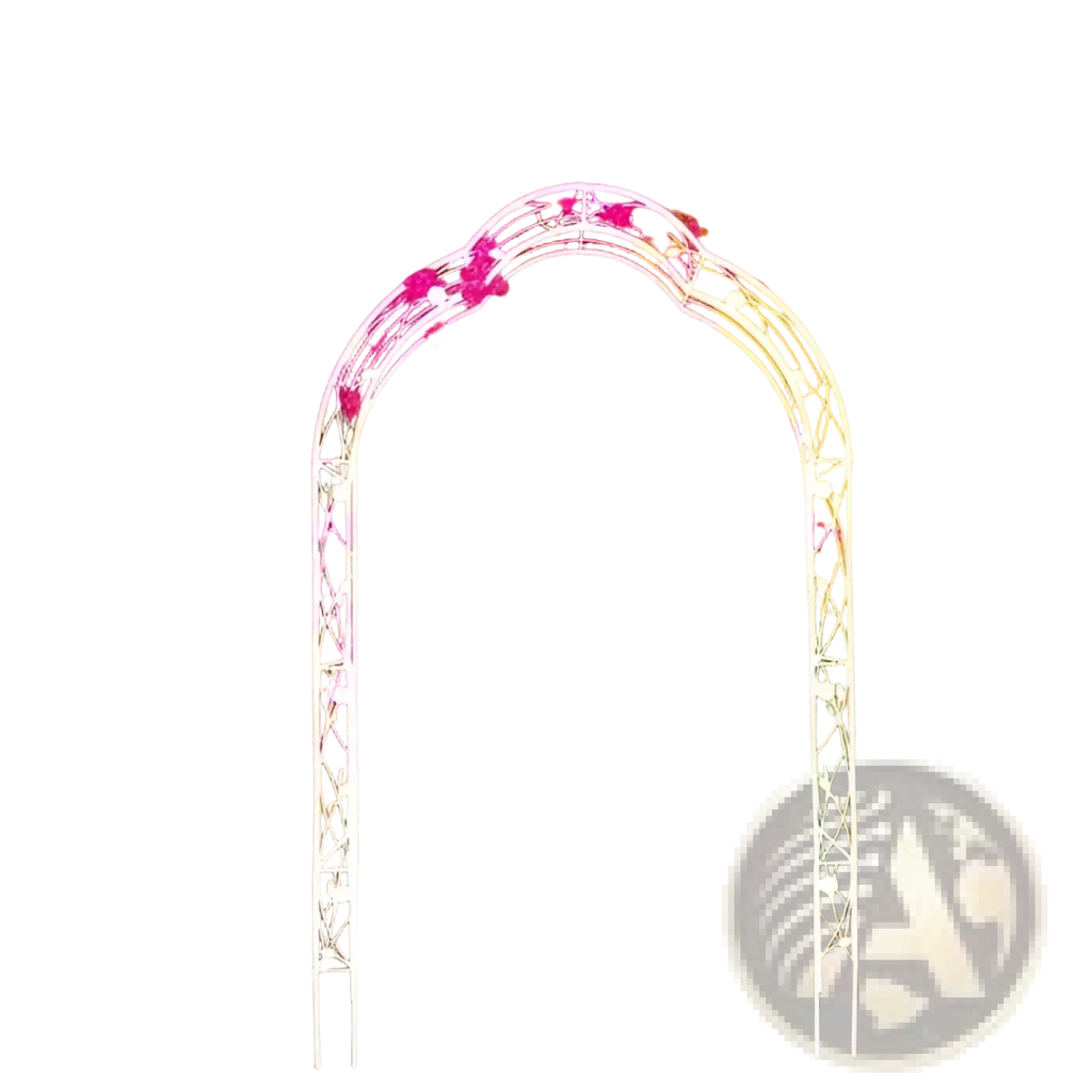 White metal garden arch adorned with vibrant pink bougainvillea for climbing roses and plants support