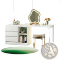 White modern l-shaped makeup vanity with integrated drawers open shelving and a lighted mirror in minimalist design