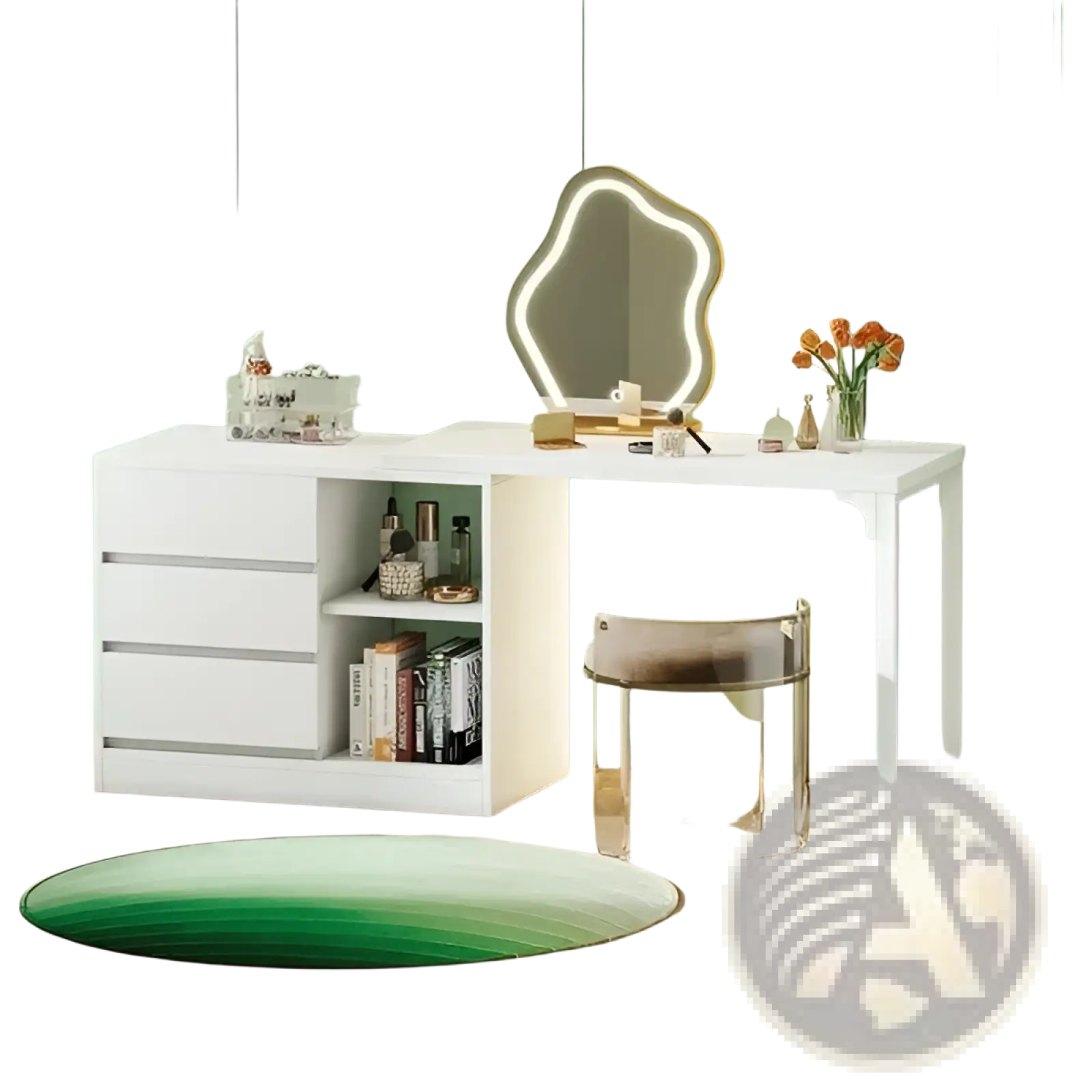 White modern l-shaped makeup vanity with integrated drawers open shelving and a lighted mirror in minimalist design