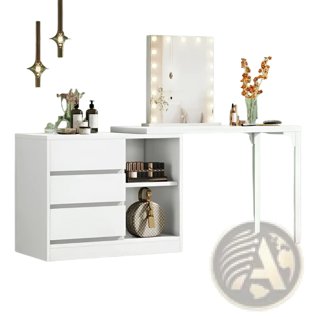 White modern l-shaped makeup vanity with illuminated mirror and storage drawers for organized beauty routines
