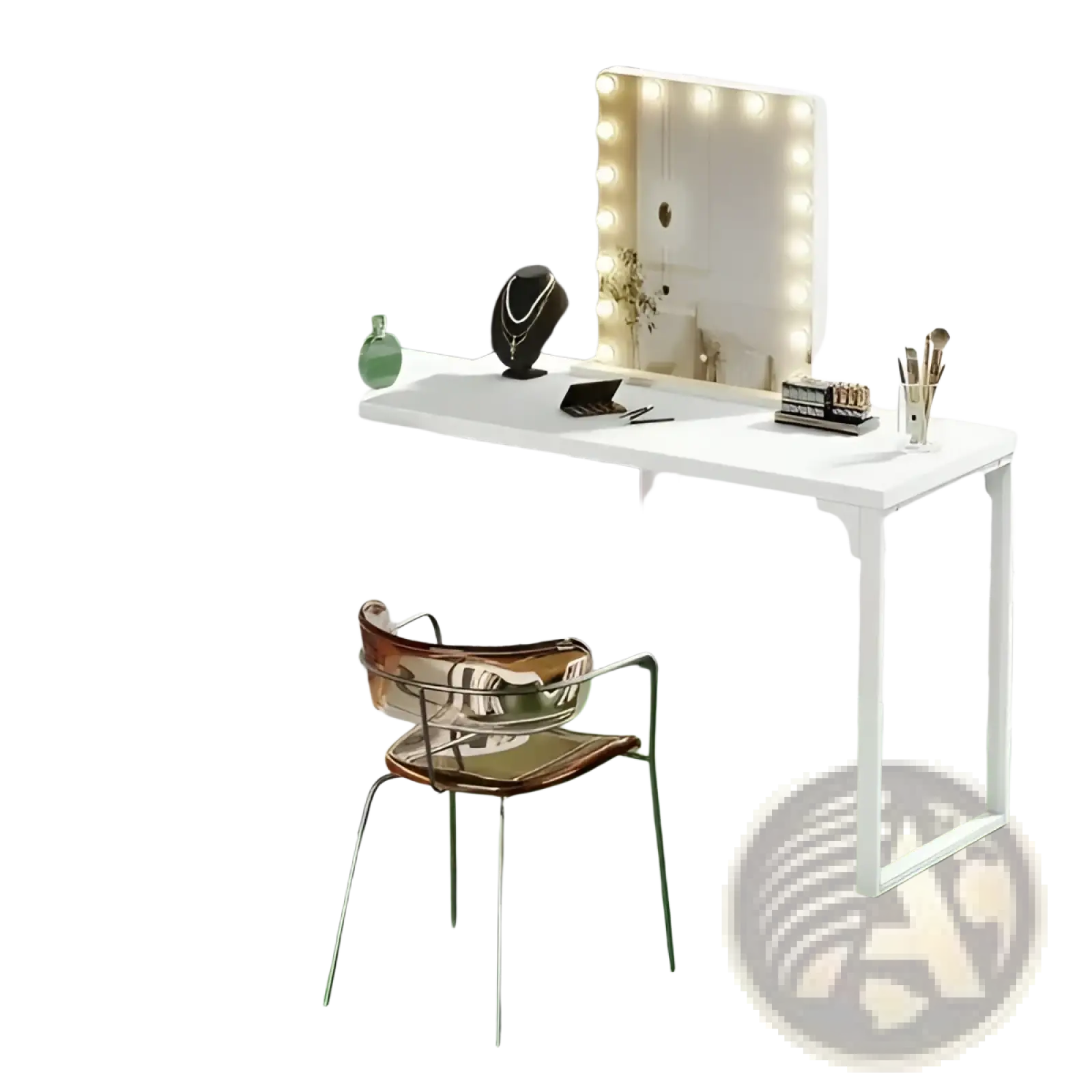 White modern l-shaped makeup vanity with integrated drawers open shelving and a built-in illuminated mirror frame
