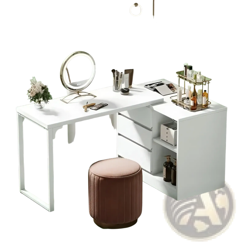 White modern l-shaped makeup vanity with lighted mirror featuring sleek metal legs and integrated drawers