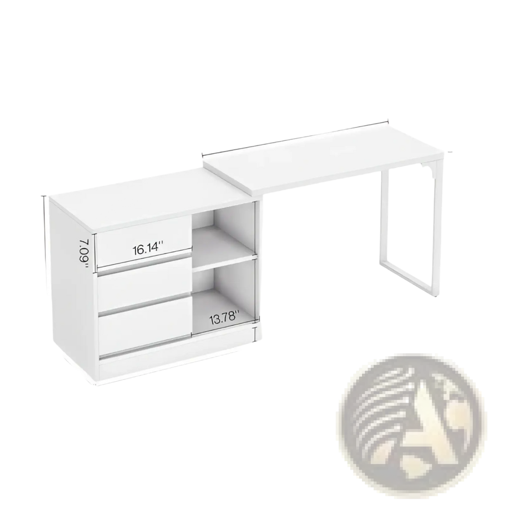 White modern l-shaped makeup vanity with lighted mirror featuring a sleek minimalist design and integrated storage drawers
