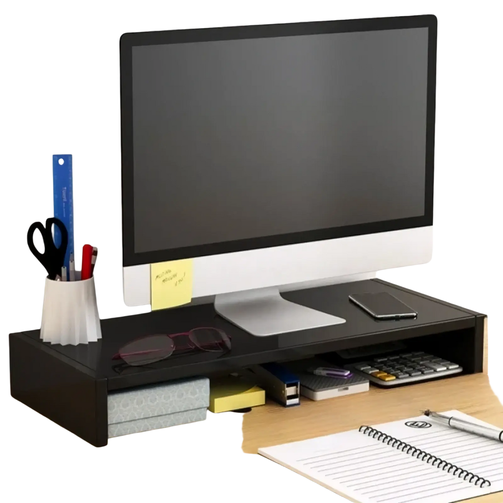Black plastic monitor stand with drawer and open shelf space for ergonomic desk organization and storage