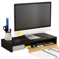 Black plastic monitor stand with drawer and open shelf space for ergonomic desk organization and storage