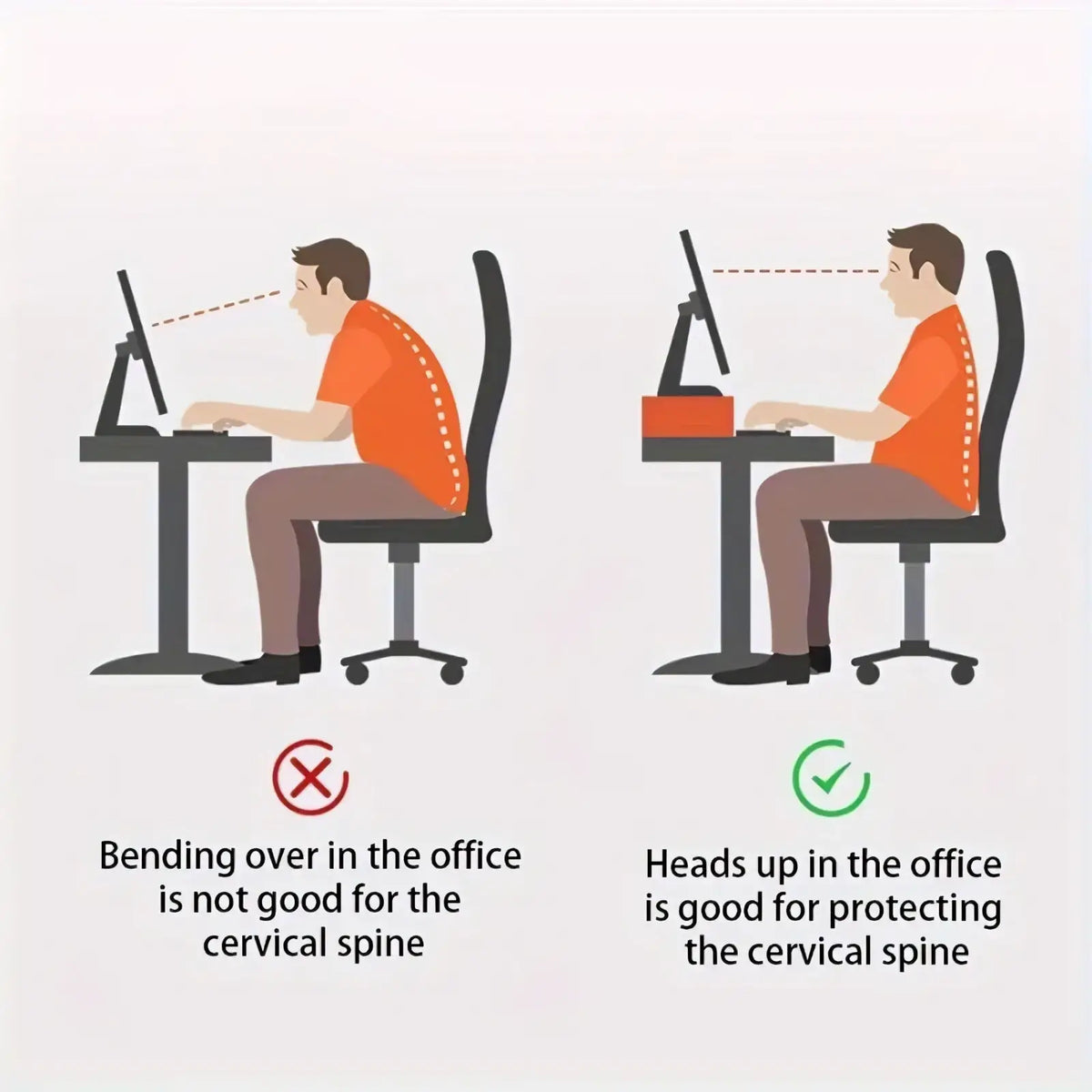 Illustration of a person demonstrating ergonomic cervical spine posture at a desk with a white monitor stand with keyboard tray
