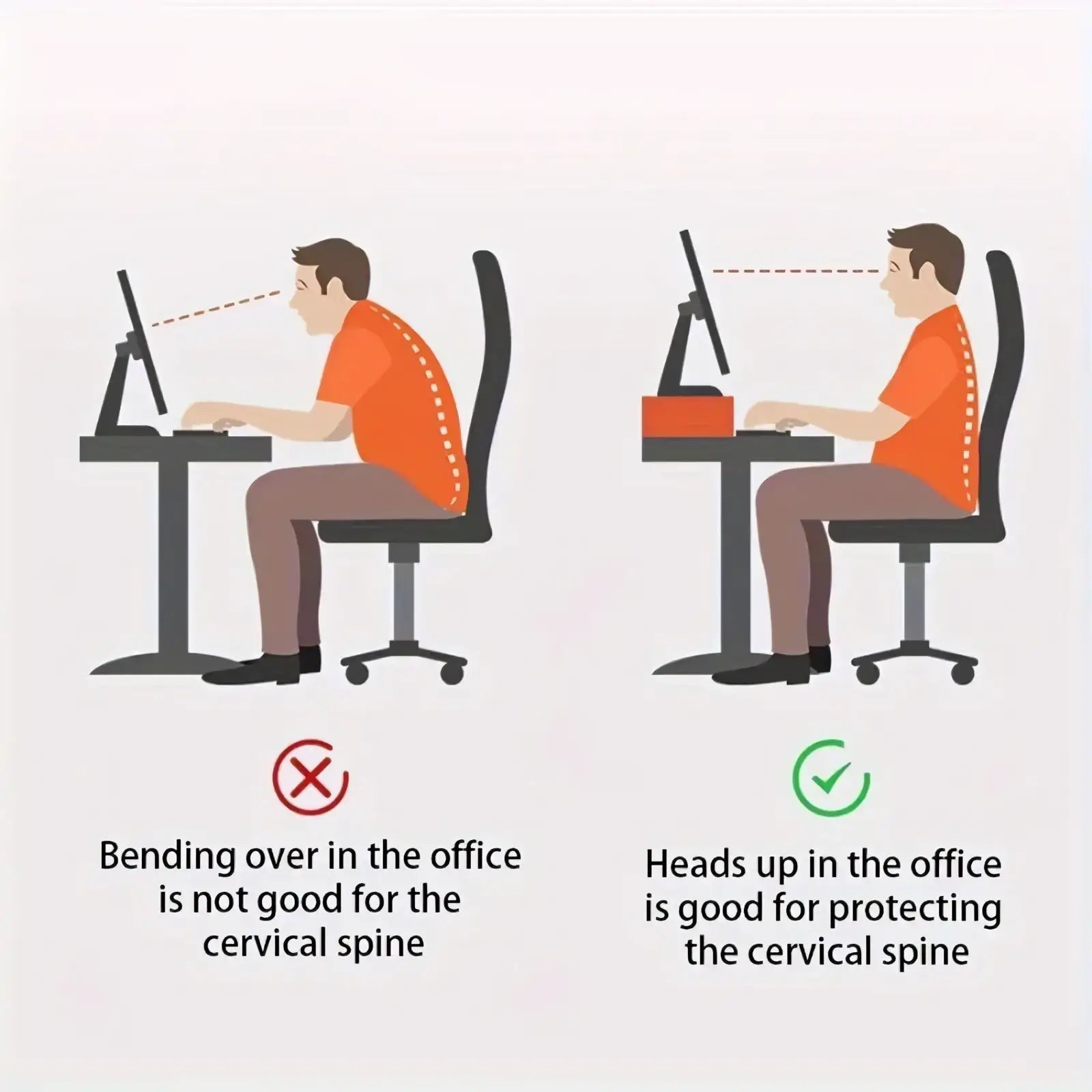 Illustration of a person demonstrating ergonomic cervical spine posture at a desk with a white monitor stand with keyboard tray
