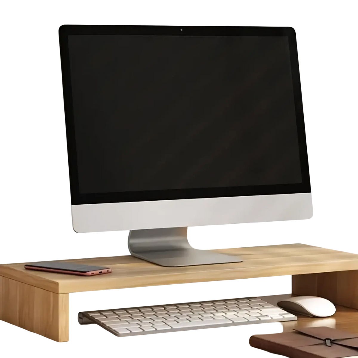 White monitor stand with keyboard tray in light wood featuring a clean minimalist design supporting an imac monitor and keyboard