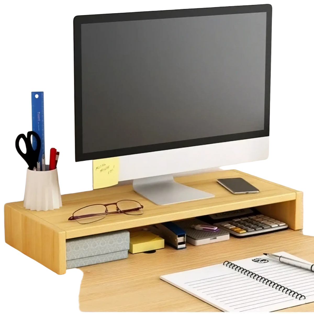 White monitor stand with keyboard tray made of light wood featuring a drawer and open shelf space on desktop