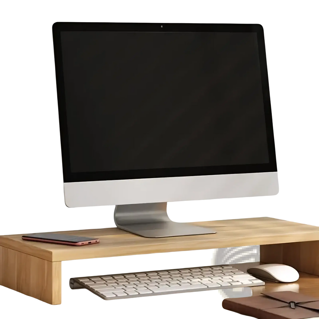 White monitor stand with keyboard tray in light wood featuring a clean minimalist design supporting an imac monitor and keyboard