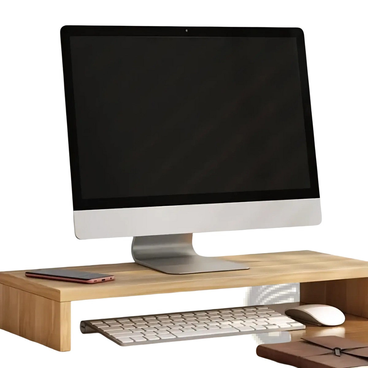 White monitor stand with keyboard tray in light wood featuring a clean minimalist design supporting an imac monitor and keyboard