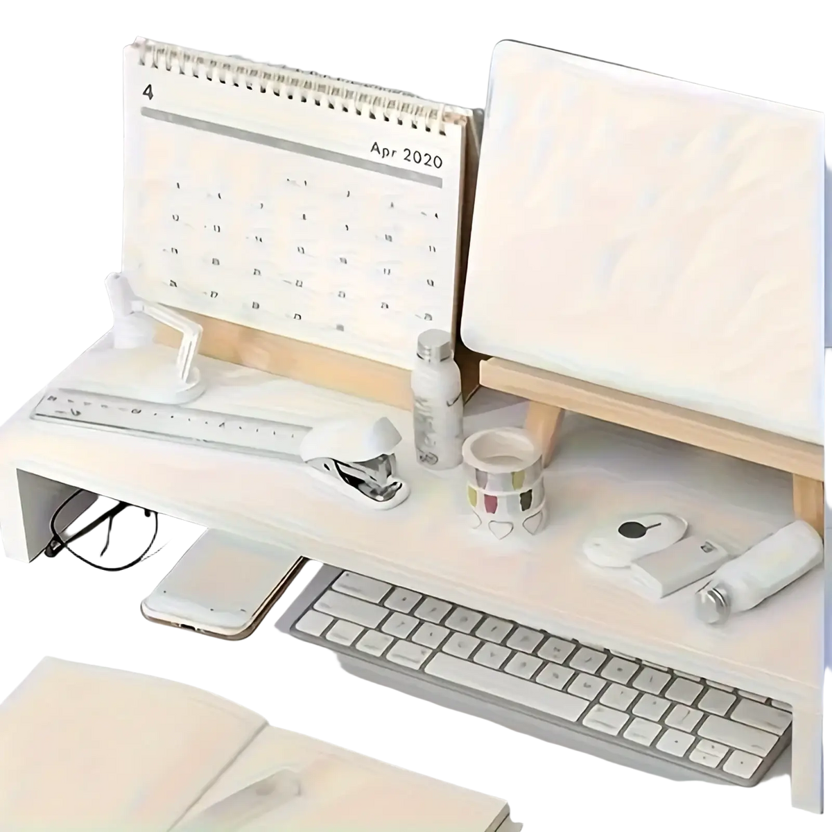 White monitor stand with keyboard tray featuring a minimalist white desk organizer with sleek modern design and clean lines
