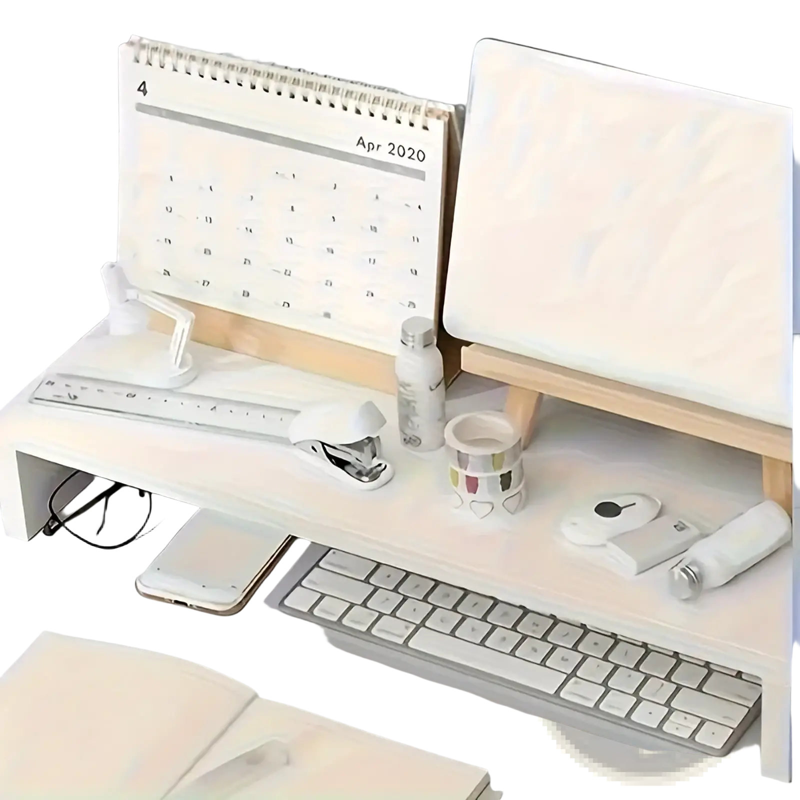 White monitor stand with keyboard tray featuring a minimalist white desk organizer with sleek modern design and clean lines