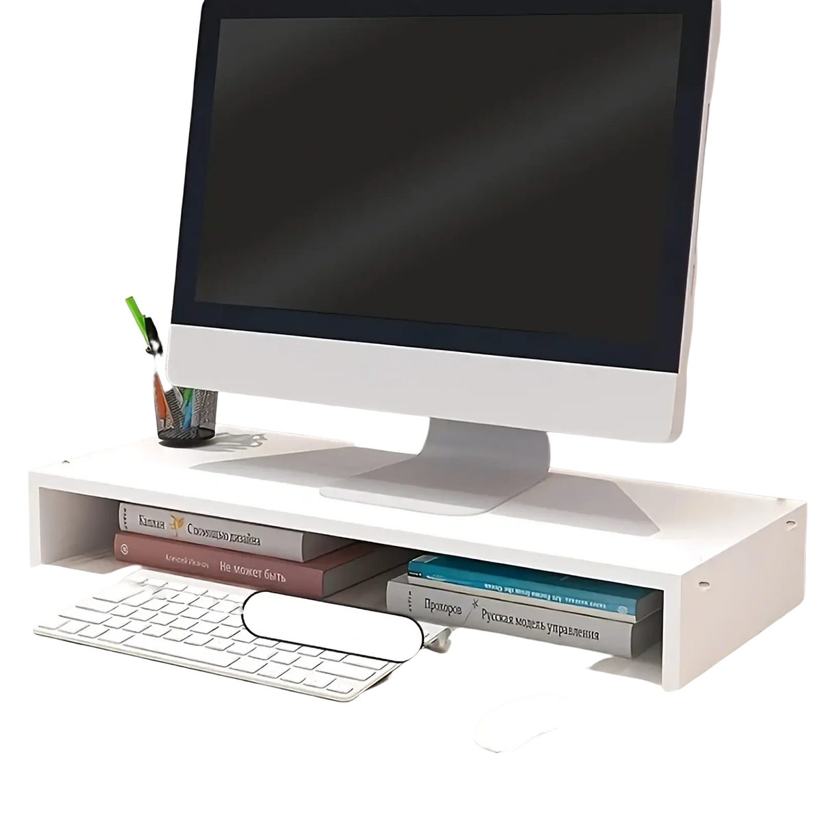 White rectangular monitor stand with open shelf and integrated keyboard tray for ergonomic workspace organization