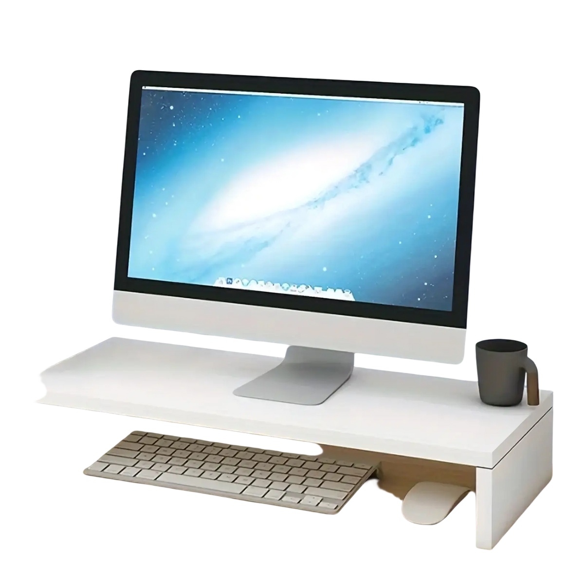 White rectangular monitor stand with keyboard tray featuring clean lines and minimalist design for desk organization
