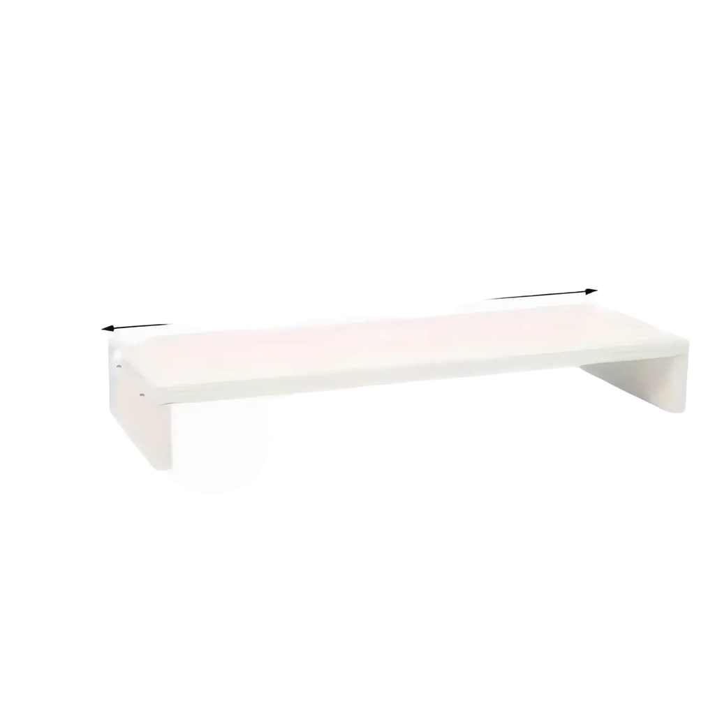 White monitor stand with keyboard tray featuring a sleek minimalist design and smooth white rectangular surface