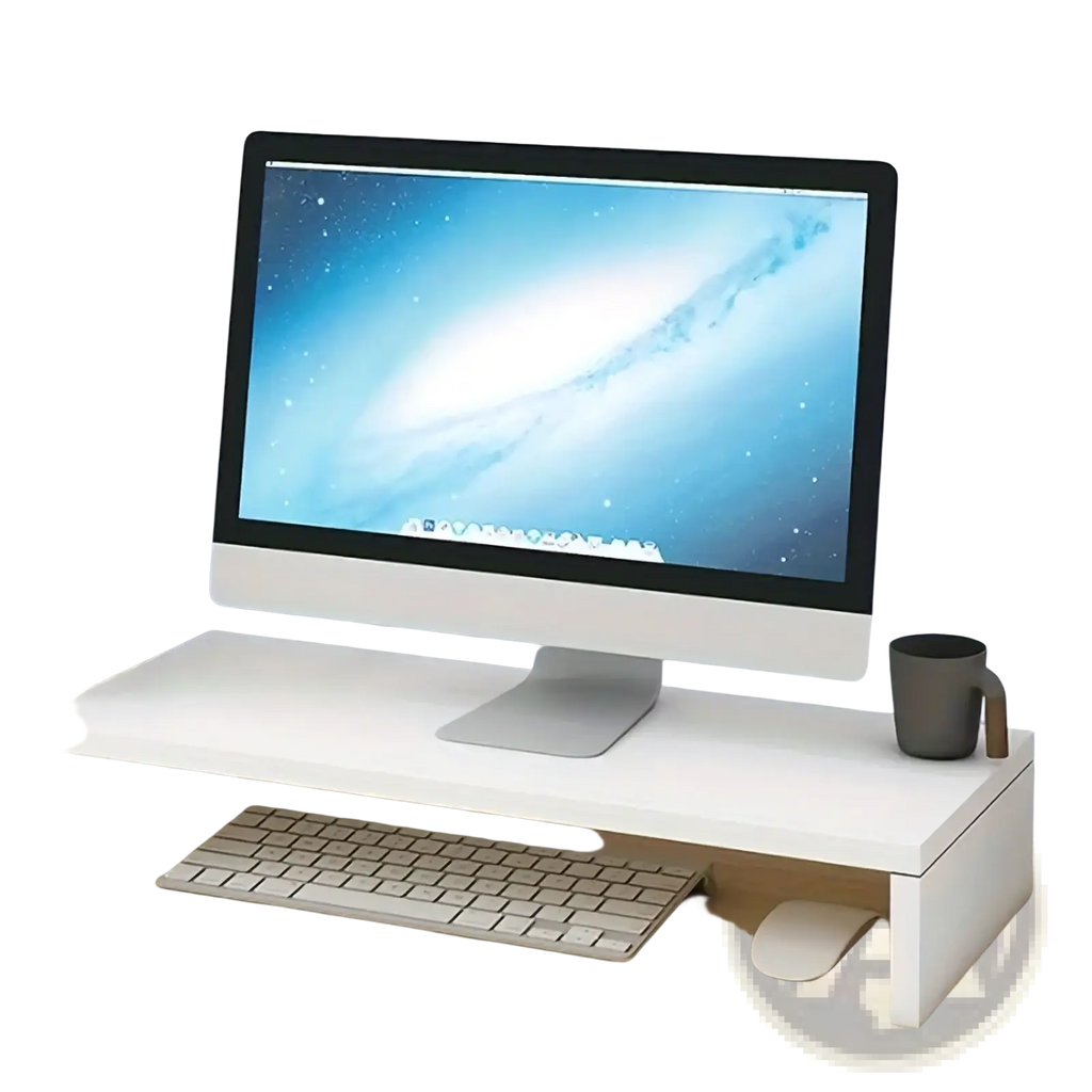 White rectangular monitor stand with keyboard tray featuring clean lines and minimalist design for desk organization