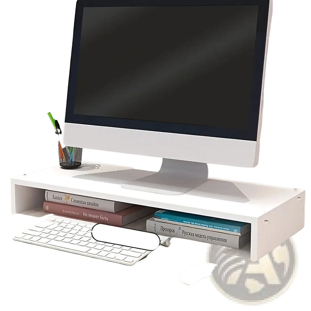 White rectangular monitor stand with open shelf and integrated keyboard tray for ergonomic workspace organization