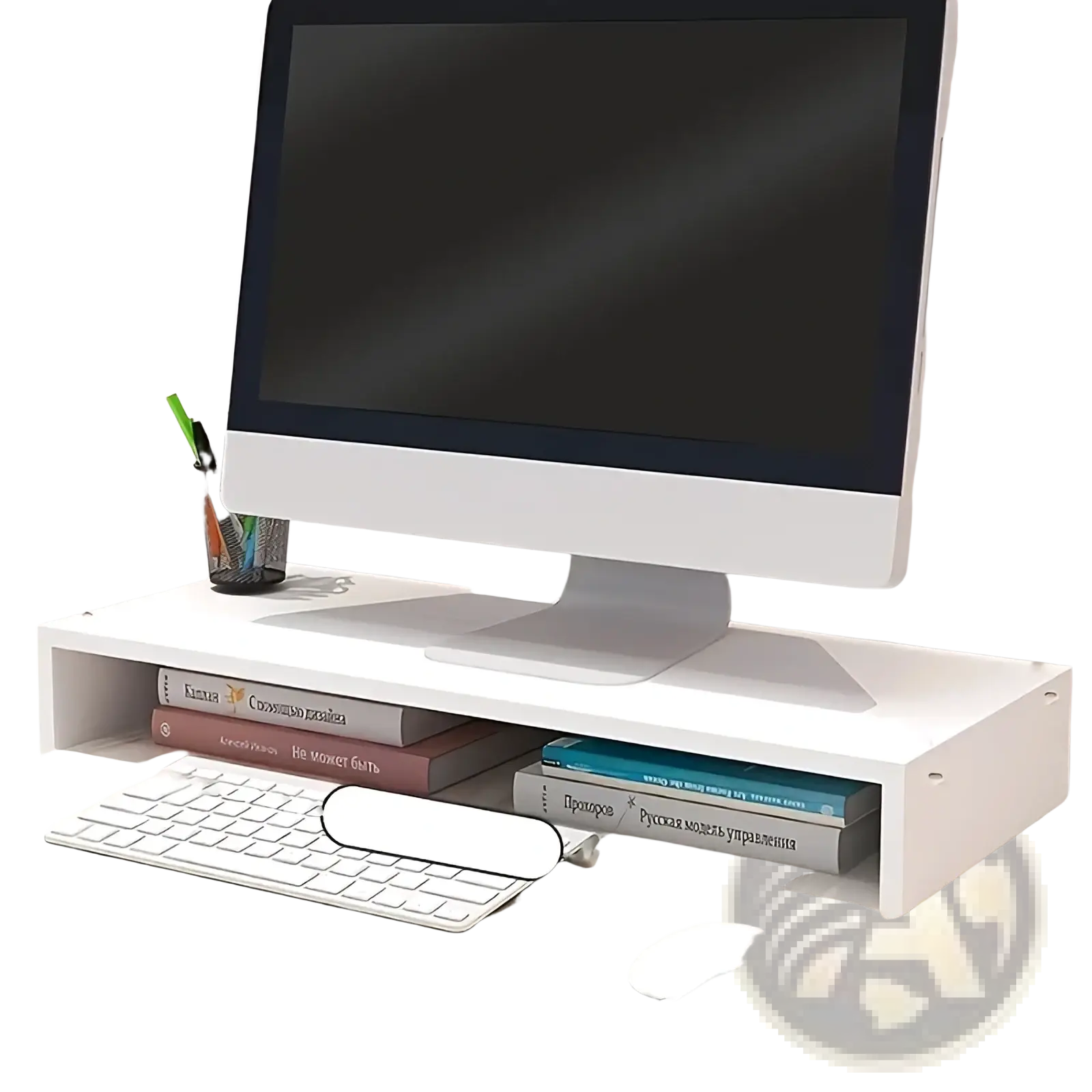 White rectangular monitor stand with open shelf and integrated keyboard tray for ergonomic workspace organization