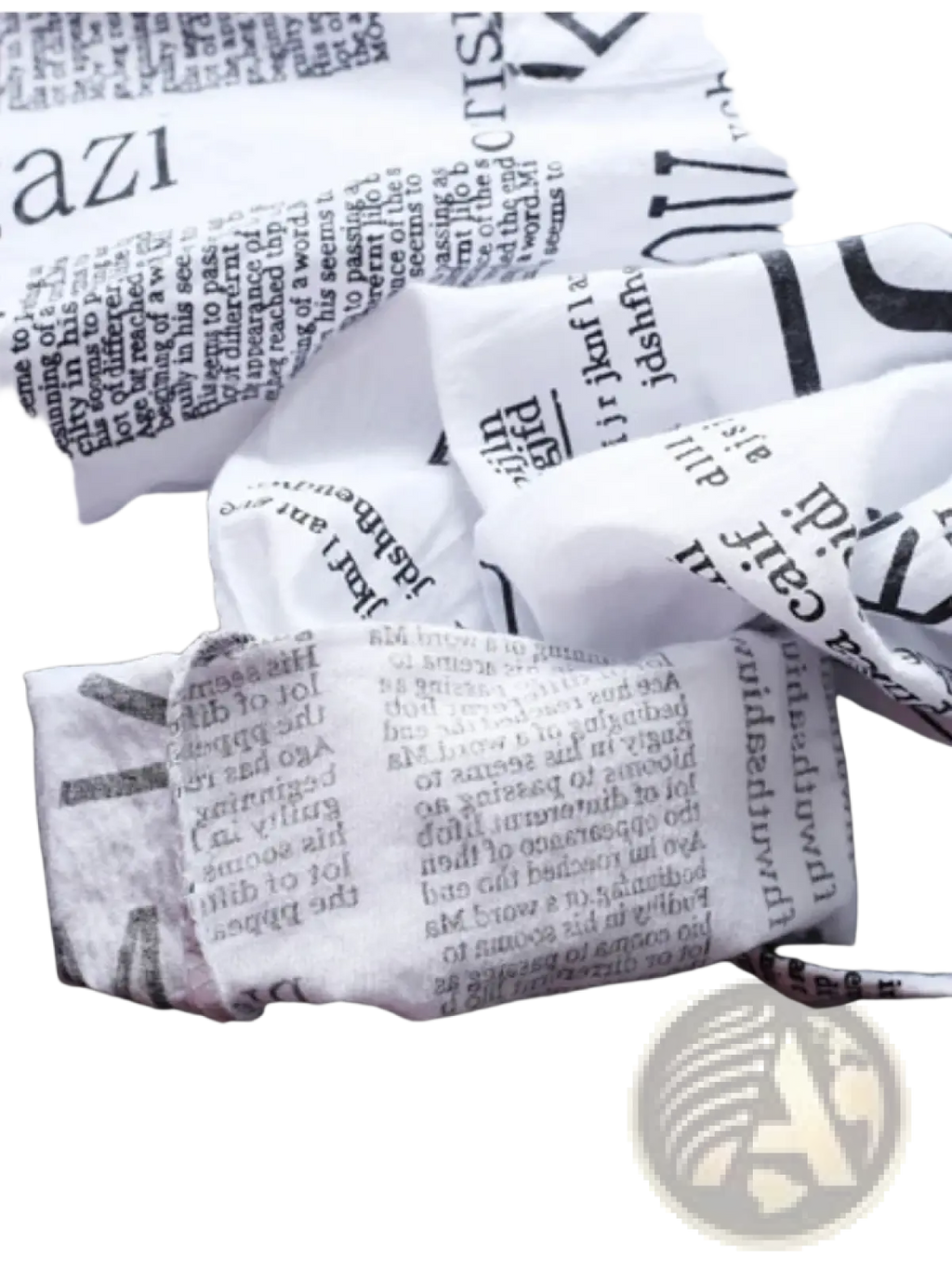 A white newspaper print linen oversized shirt featuring a crumpled white newspaper with black text design