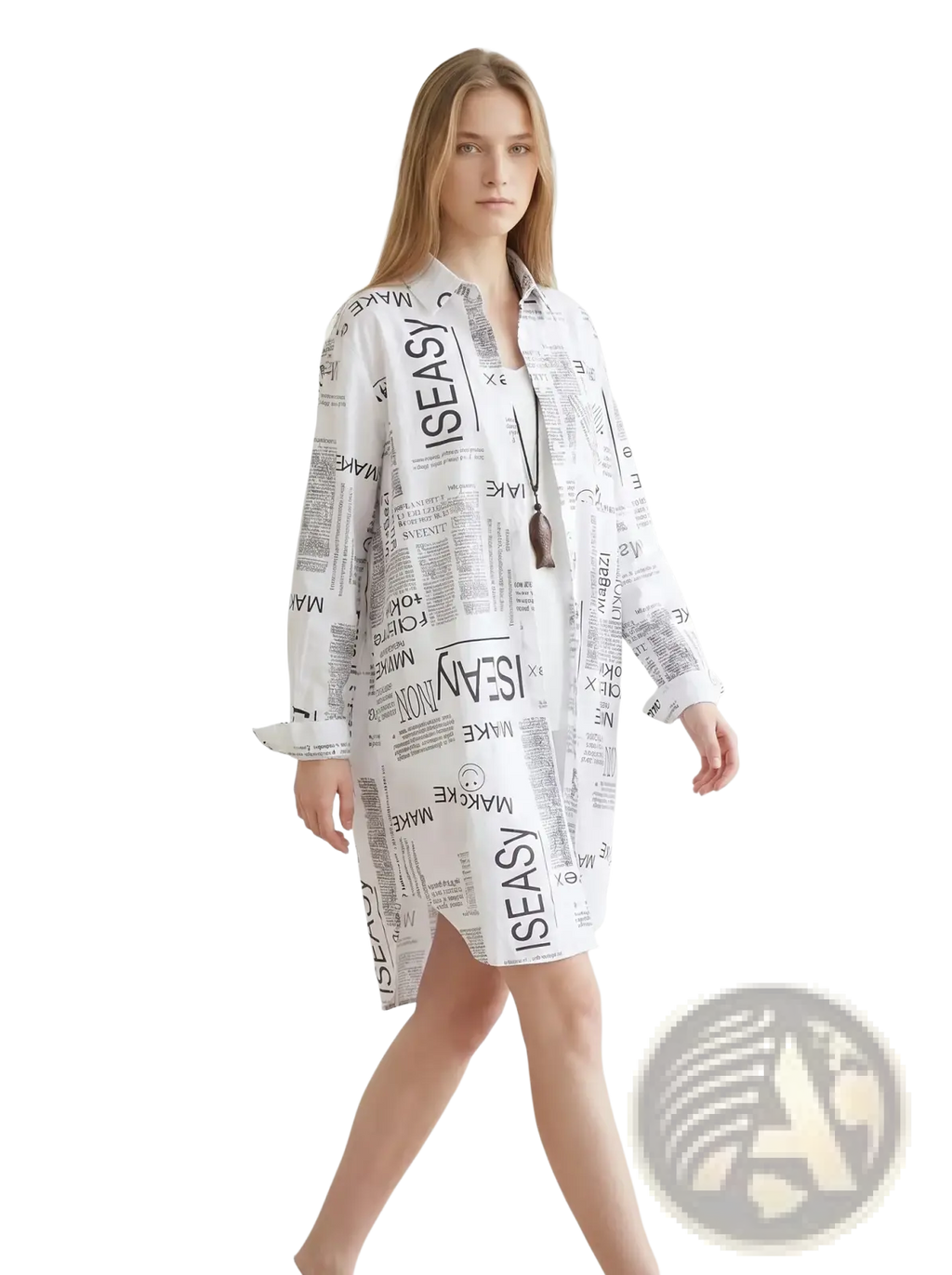 White newspaper print linen oversized shirt dress with black print and make it easy text repeating across fabric