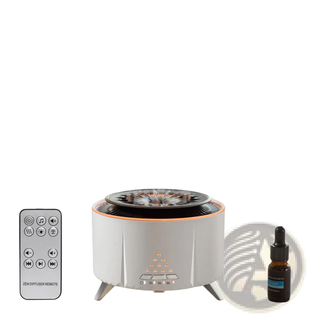 White noise flame aroma diffuser Bluetooth humidifier with white cylindrical body, orange accent ring, and black fan top plate