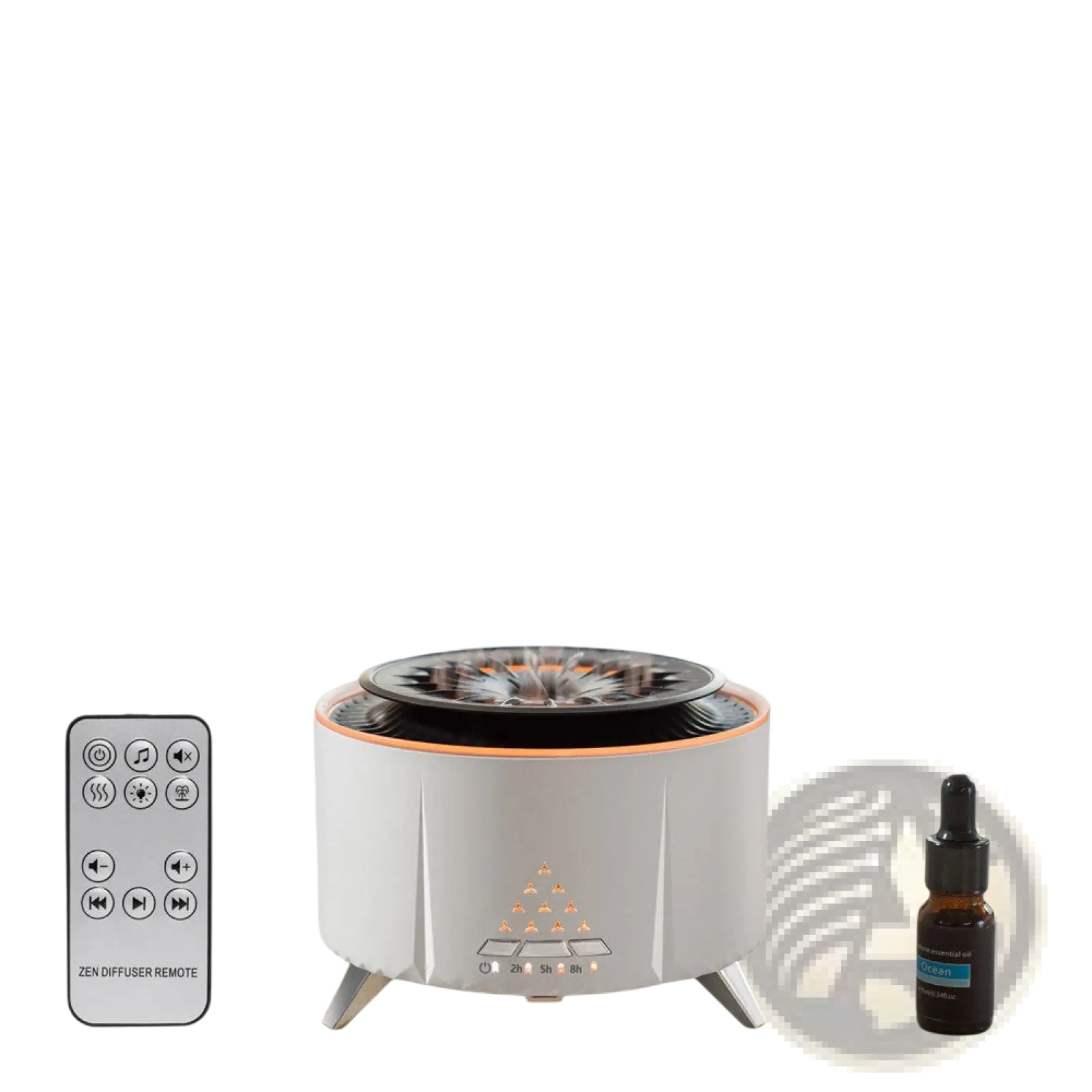 White noise flame aroma diffuser Bluetooth humidifier with white cylindrical body, orange accent ring, and black fan top plate