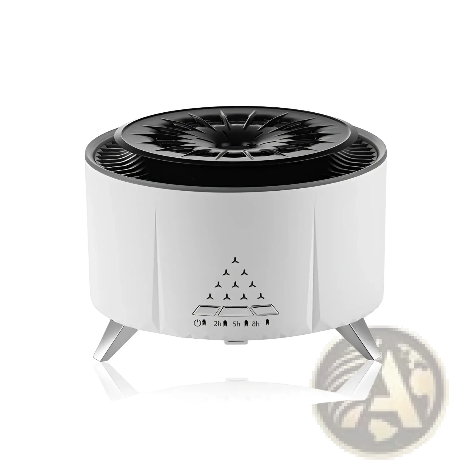 White cylindrical white noise flame aroma diffuser with black top, silver legs, and triangular control buttons