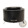 Black cylindrical camping fire pit with matching lid and silver metal legs shown with white noise flame aroma diffuser bluetooth humidifier
