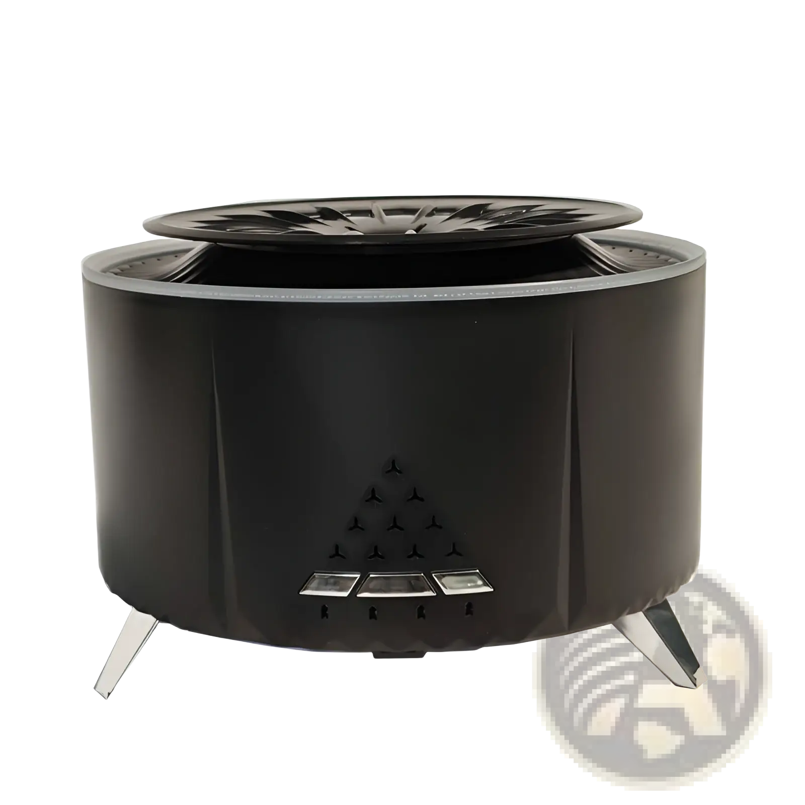 Black cylindrical camping fire pit with matching lid and silver metal legs shown with white noise flame aroma diffuser bluetooth humidifier