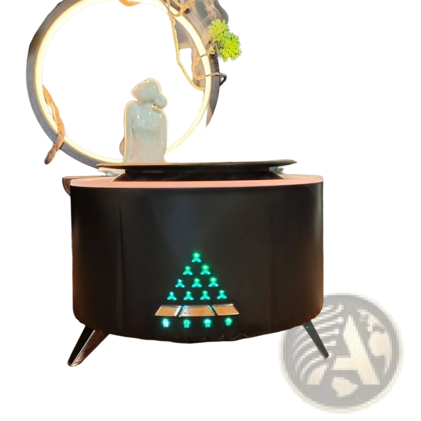 Black cylindrical white noise flame aroma diffuser bluetooth humidifier with green led triangular light pattern on front panel