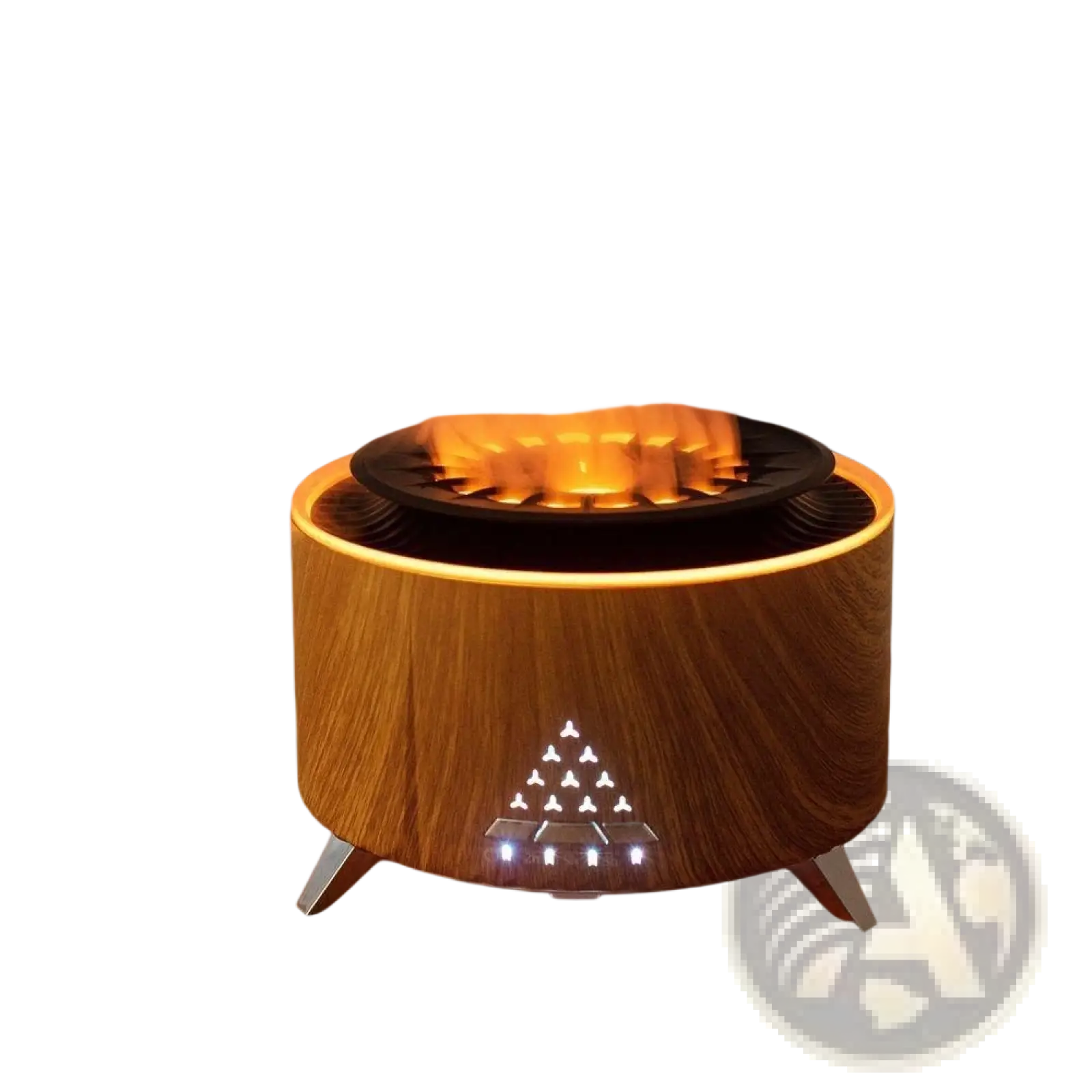 Wooden cylindrical white noise flame aroma diffuser bluetooth humidifier with black flame effect top and led triangle design