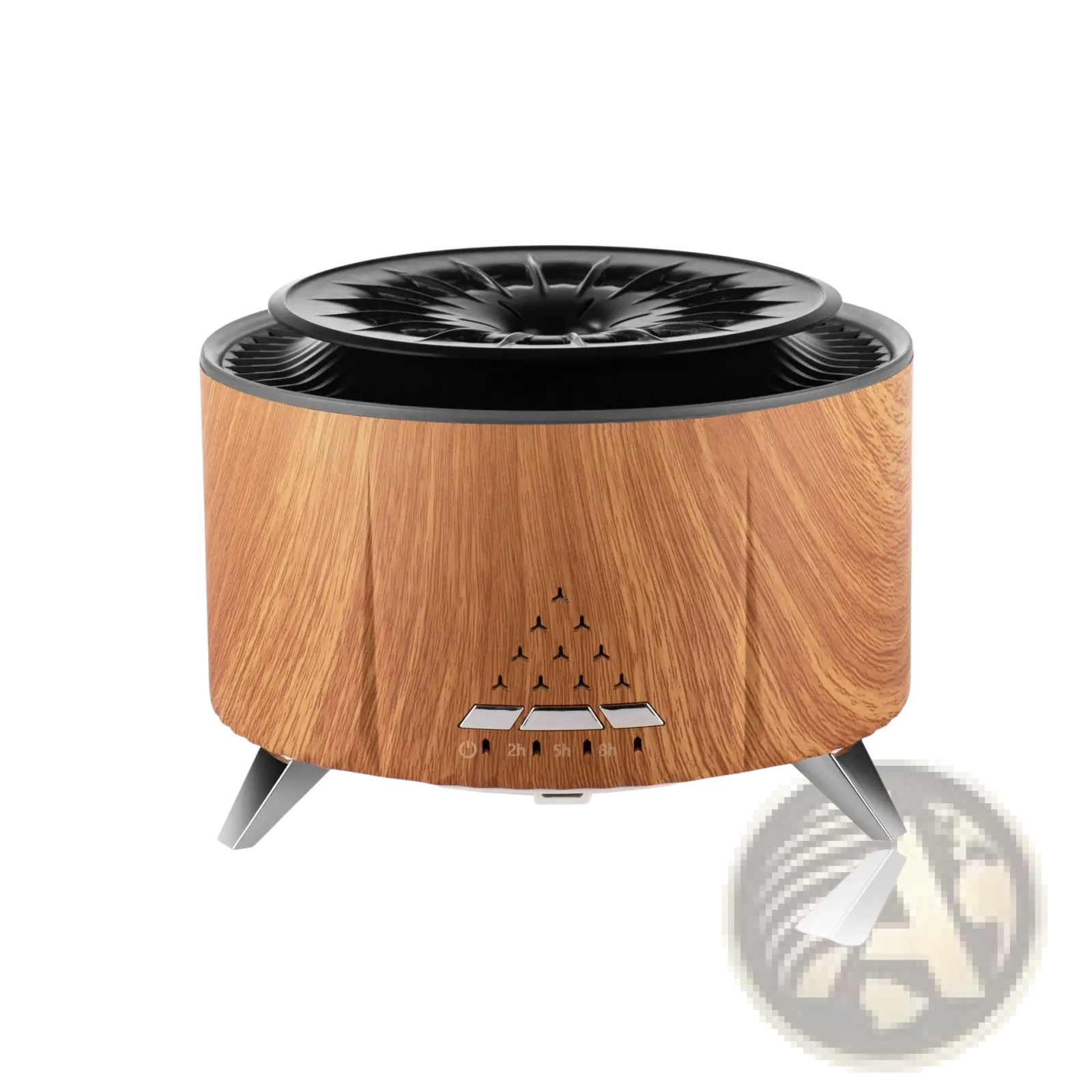 Wood-grain finished white noise flame aroma diffuser bluetooth humidifier air purifier with black fan top and silver legs