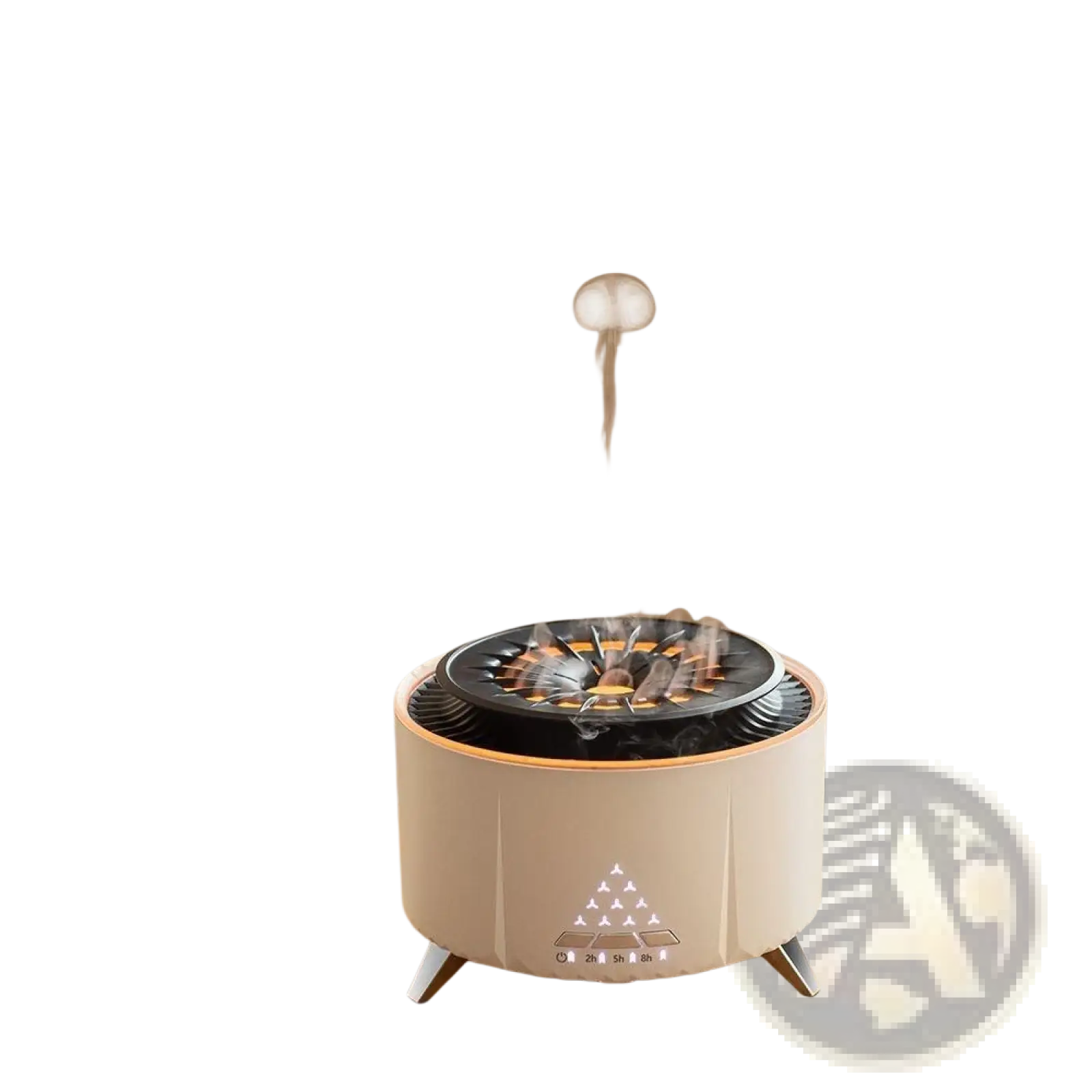 Cream-colored cylindrical white noise flame aroma diffuser Bluetooth humidifier with black top emitting steam and silver legs